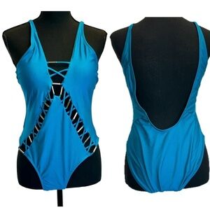 Tinibikini blue one piece swimsuit braided cutouts open low back sexy XL